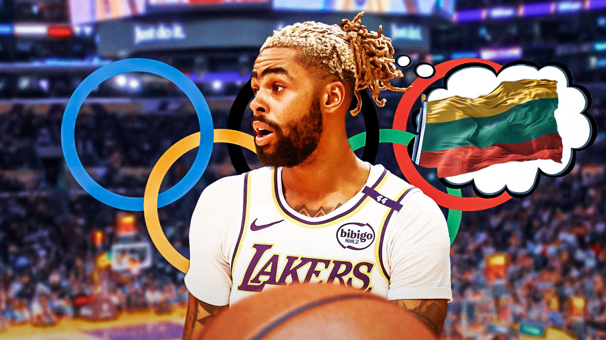 D'Angelo Russell with a thought bubble that has the Lithuanian flag in it and the Olympic logo next to it