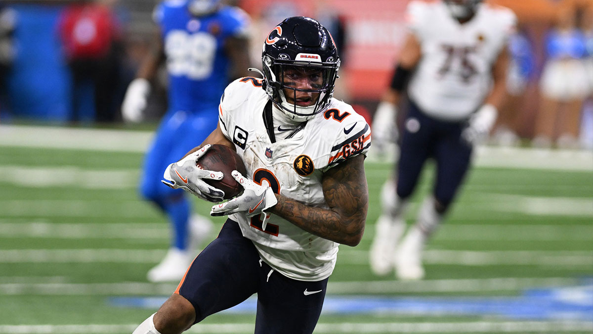 Chicago Bears wide receiver DJ Moore (2) heads upfield after catching a pass against the Detroit Lions in the fourth quarter at Ford Field.