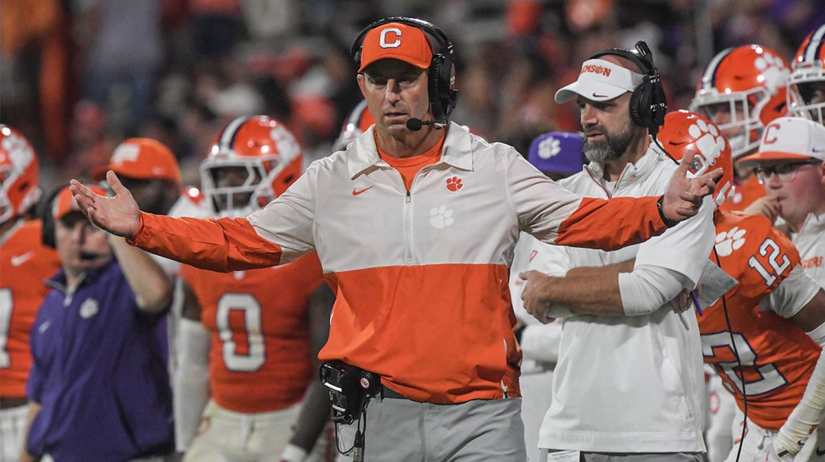 Clemson Tigers head coach Dabo Swinney reacts during the fourth quarter against the Louisville Cardinals at Memorial Stadium.