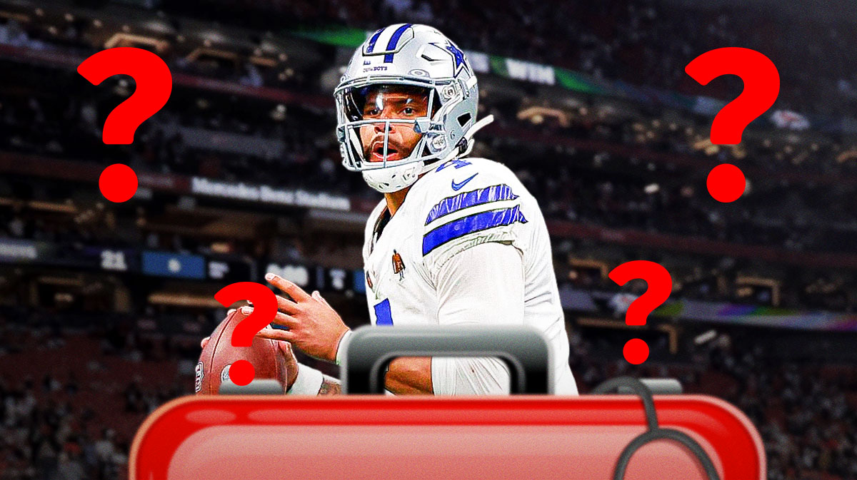 Cowboys Dak Prescott and a surgery table with a question mark over it