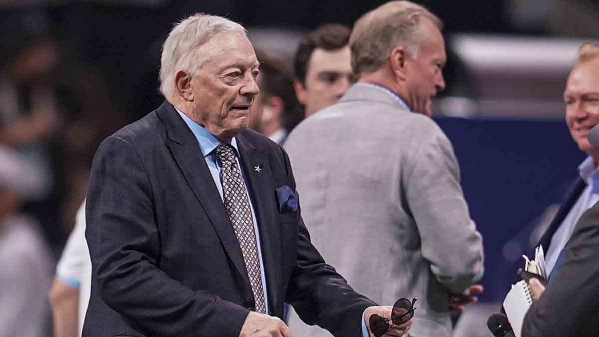 Dallas Cowboys team owner and general manager Jerry Jones shown on the field prior to the game against the Atlanta Falcons at Mercedes-Benz Stadium.