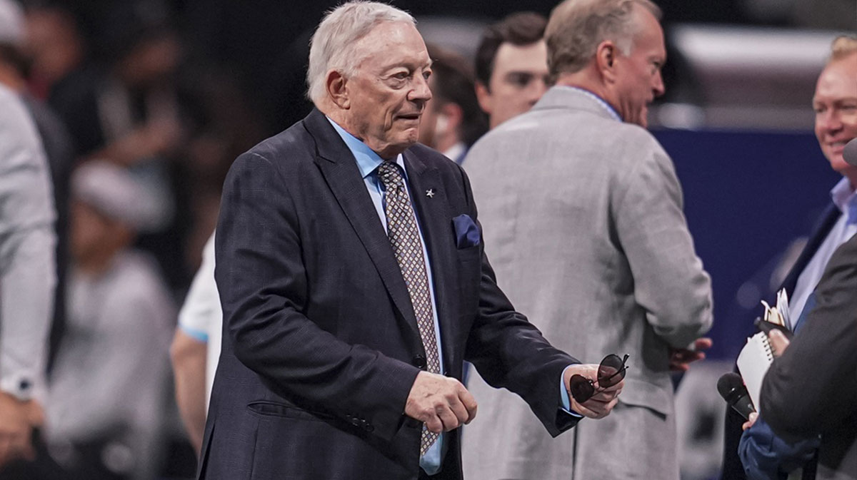 Dallas Cowboys team owner and general manager Jerry Jones shown on the field prior to the game against the Atlanta Falcons at Mercedes-Benz Stadium.