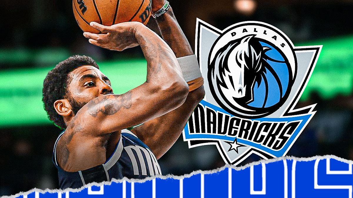 Mavericks Kyrie Irving shooting a basketball on left, Dallas Mavericks 2024 logo on right.