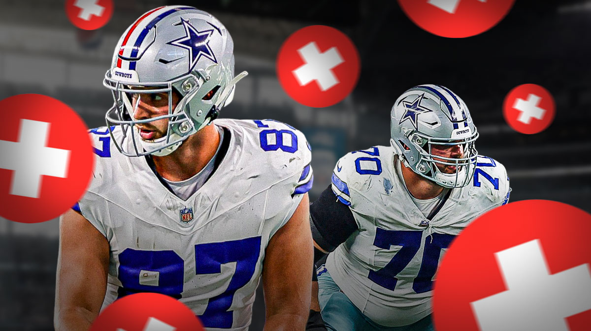 Jake Ferguson and Zack Martin in Dallas Cowboys uniforms with a red and white first aid symbol as Ferguson and Martin will miss the Cowboys/Giants game with injury.