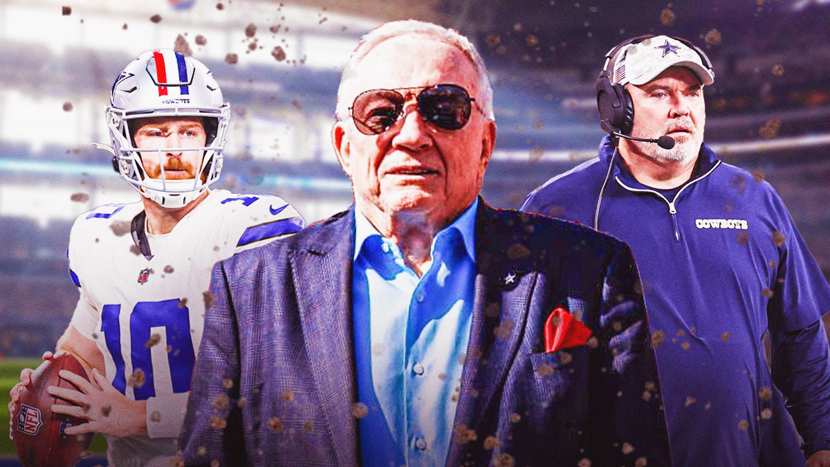 Dallas Cowboys owner Jerry Jones, Cowboys coach Mike McCarthy and QB Cooper Rush in a Dallas Cowboys uniform with chunks of debris falling all around them as a piece of the stadium roof broke and fell on the field.