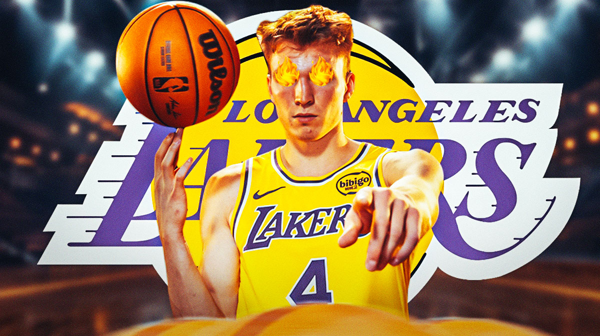 Lakers Dalton Knecht with fire in his eyes and holding a basketball. Los Angeles Lakers 2024 logo in background.