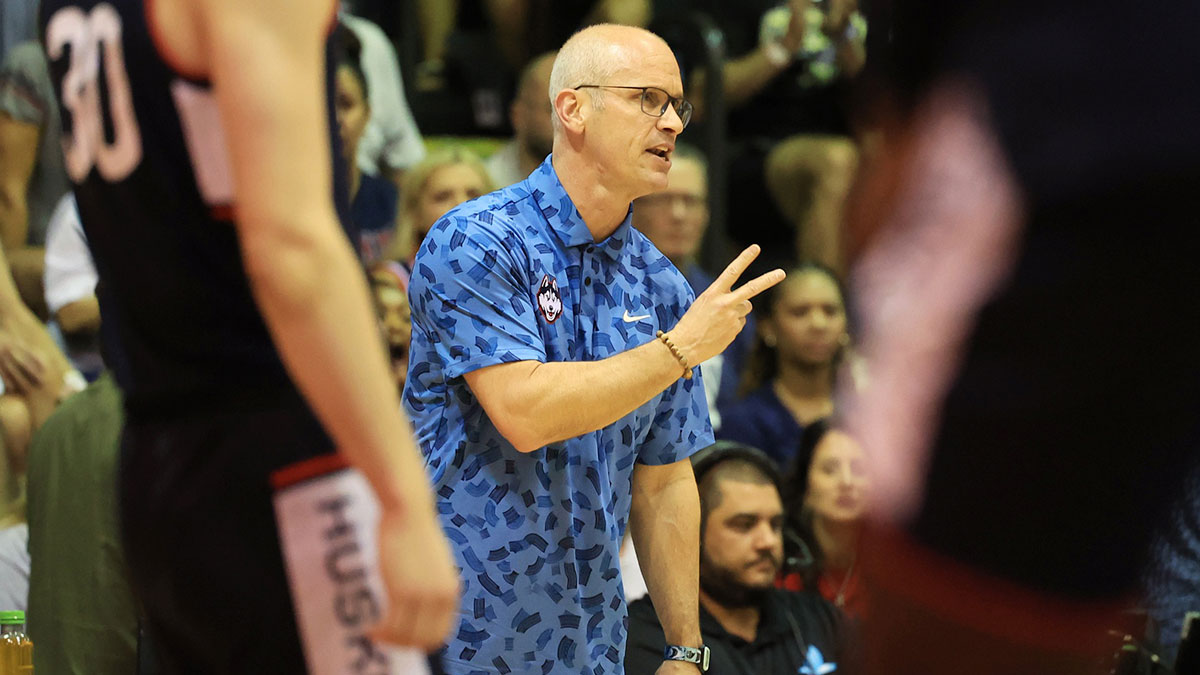 Connecticut Huskies head coach Dan Hurley reacts to play as his team takes on the Colorado Buffaloes during the first half of an NCAA college basketball game at Lahaina Civic Center