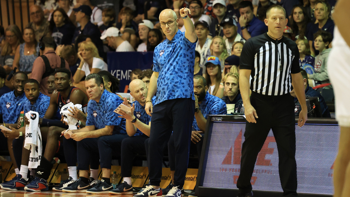 Nov 26, 2024; Lahaina, Hawaii, USA; Connecticut Huskies head coach Dan Hurley reacts to play as his team takes on the Colorado Buffaloes during the first half of an NCAA college basketball game at Lahaina Civic Center.