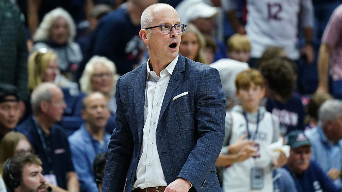 UConn Huskies head basketballcoach Dan Hurley watches from the sideline as they take on the Sacred Heart Pioneers at Harry A. Gampel Pavilion.