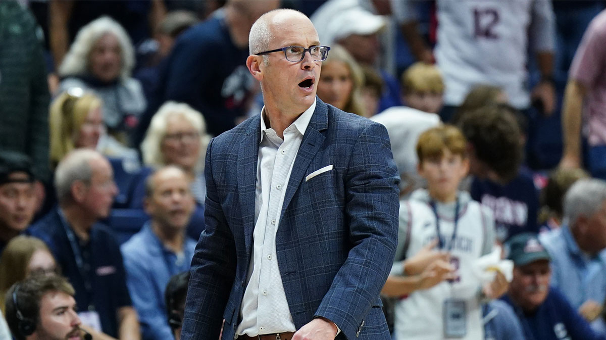 Connecticut Huskies head coach Dan Hurley watches from the sideline as they take on the Sacred Heart Pioneers at Harry A. Gampel Pavilion.