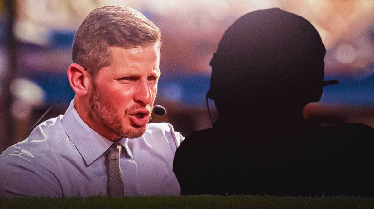Dan Orlovsky next to black-out silhouette of Quinyon Mitchell in front of the Eagles stadium