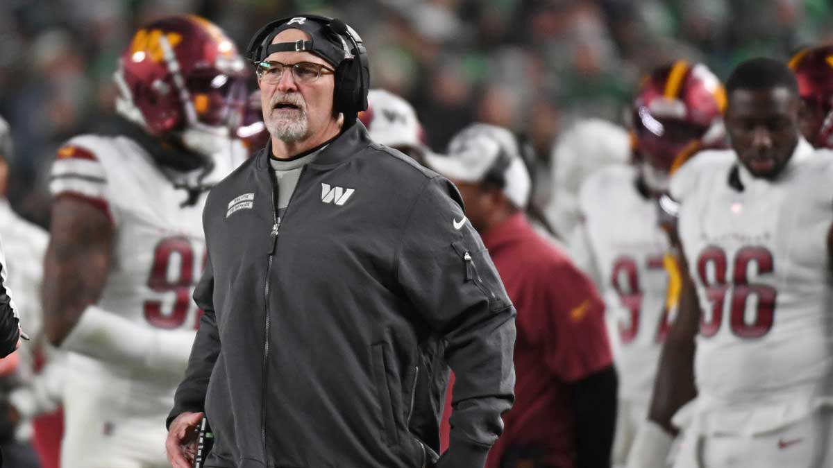 Washington Commanders head coach Dan Quinn on the sidelines against the Philadelphia Eagles during the second quarter at Lincoln Financial Field. 