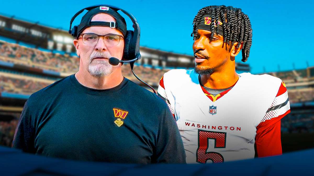 Dan Quinn next to Jayden Daniels in front of the Eagles Stadium