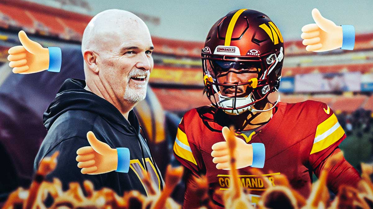 Commanders' Dan Quinn giving a big emoji thumbs up next to Jayden Daniels