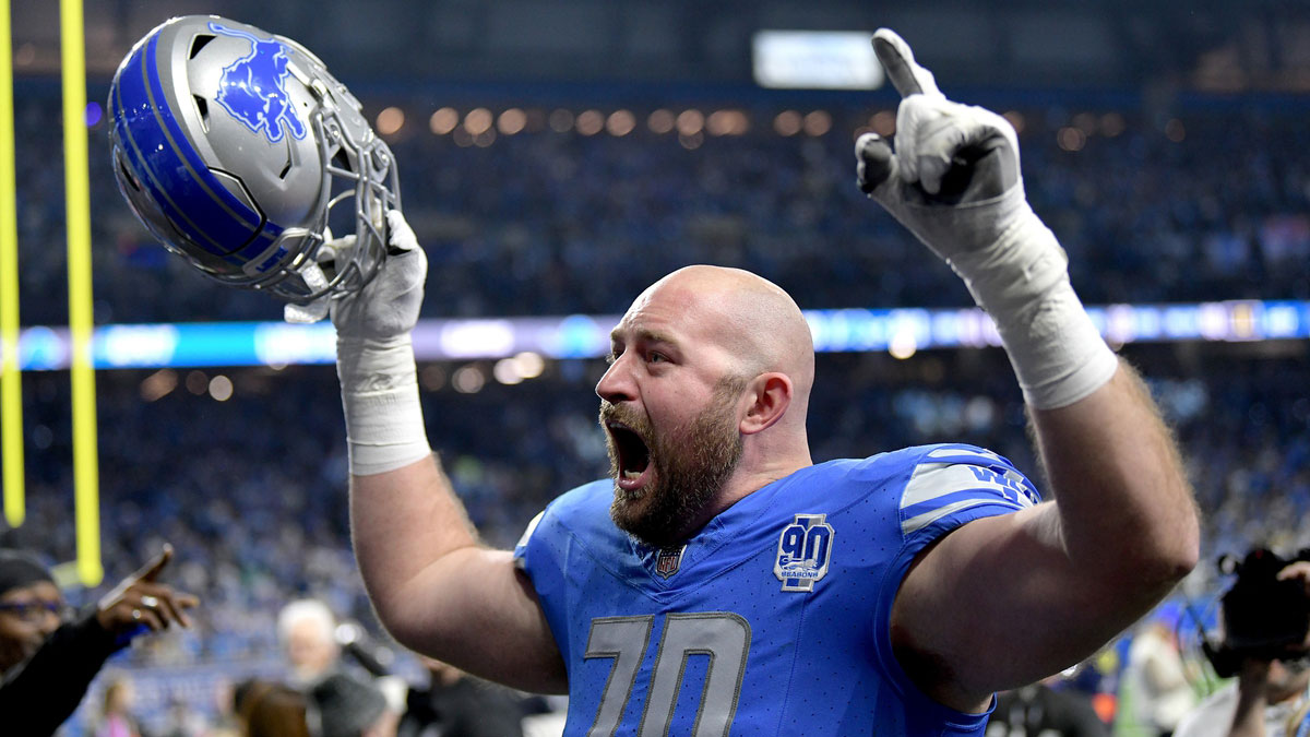 Detroit Lions offensive tackle Dan Skipper (70) celebrates after a 2024 NFC wild card game against the Los Angeles Rams at Ford Field.