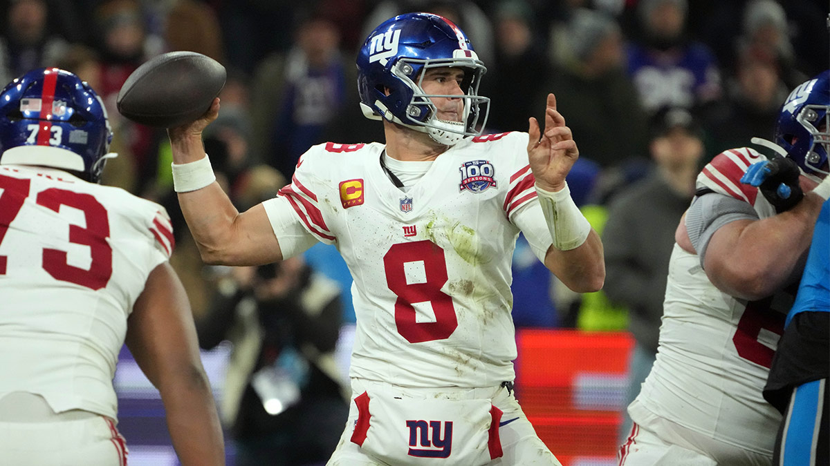 New York Giants quarterback Daniel Jones (8) throws the ball against the Carolina Panthers in the second half during the 2024 NFL Munich Game at Allianz Arena.