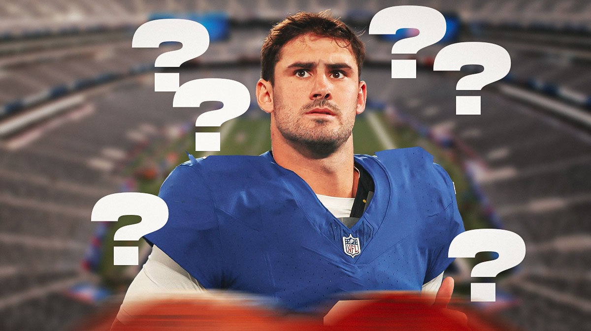 Photo: Daniel Jones in a blank jersey in action, question marks above him