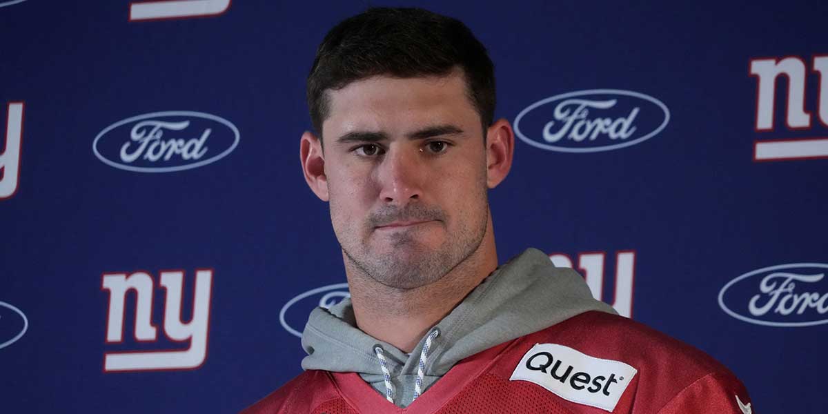 New York Giants quarterback Daniel Jones (8) during press conference at the FC Bayern Munchen training grounds at Sabener Strasse.