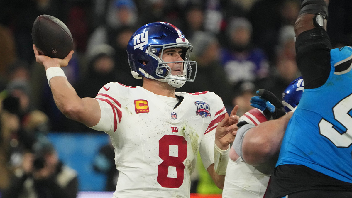 New York Giants quarterback Daniel Jones (8) throws the ball against the Carolina Panthers in the second half during the 2024 NFL Munich Game at Allianz Arena.