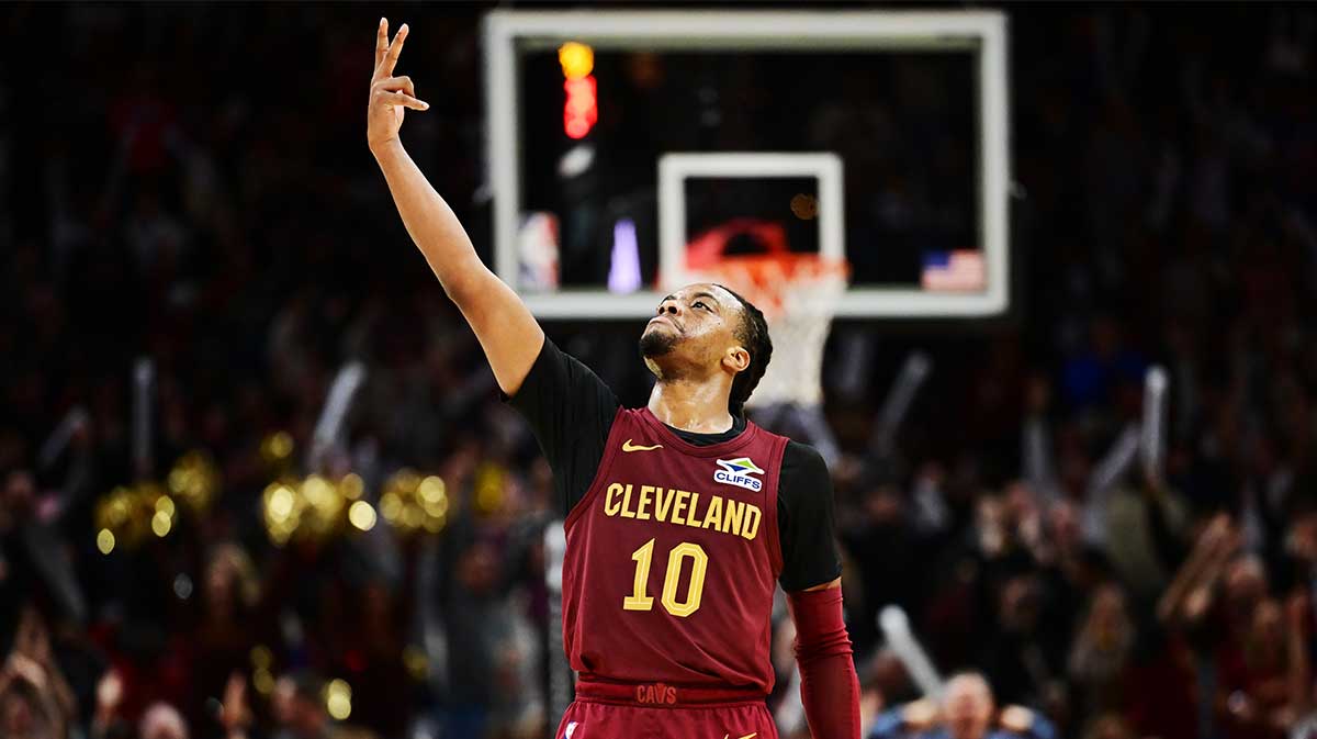 Cleveland Cavaliers guard Darius Garland (10) celebrates after hitting a three point basket during the second half against the Milwaukee Bucks at Rocket Mortgage FieldHouse.
