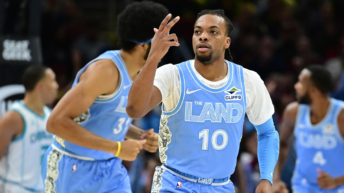 Cleveland Cavaliers guard Darius Garland (10) celebrates after hitting a three point basket during the first quarter against the Charlotte Hornets at Rocket Mortgage FieldHouse.