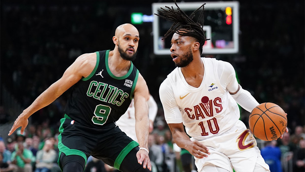 Cleveland Cavaliers guard Darius Garland (10) drives the ball against Boston Celtics guard Derrick White (9) in the first quarter during game five of the second round for the 2024 NBA playoffs at TD Garden.