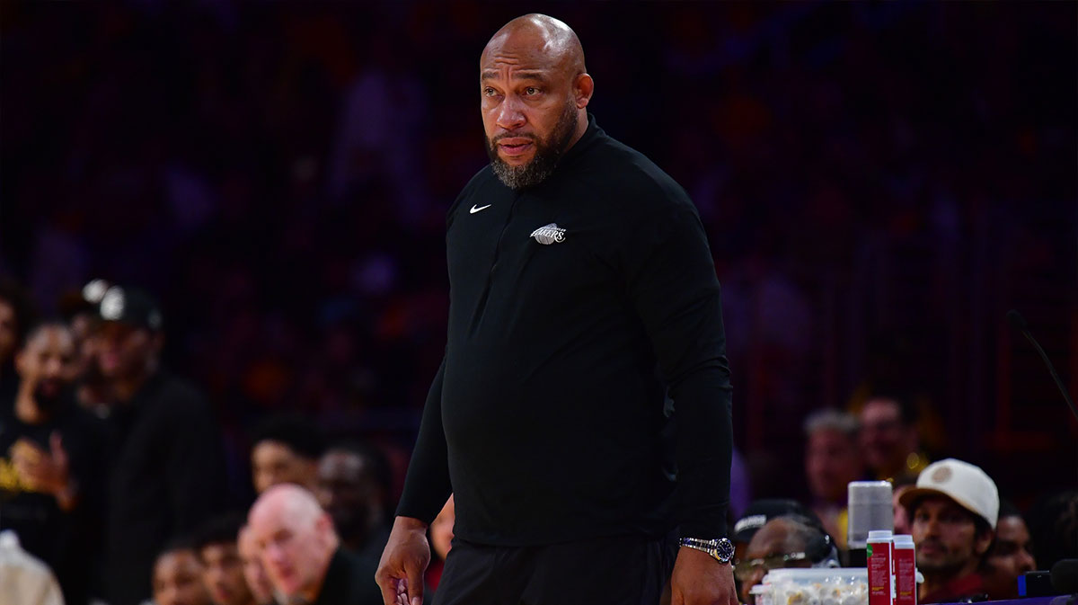 Los Angeles Lakers head coach Darvin Ham watches the action against the Denver Nuggets during the first half of Game 3 of the first round of the 2024 NBA Playoffs at Crypto.com Arena.