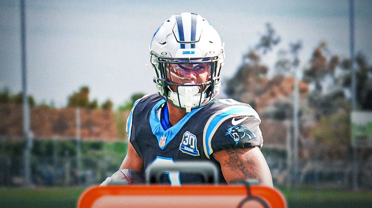 Ja’Tavion Sanders in a Carolina Panthers uniform with a red and white first aid symbol as Sanders was injured in Week 12 but dave canales said it wasn't serious. the panthers bryce young played well in the loss to the chiefs.