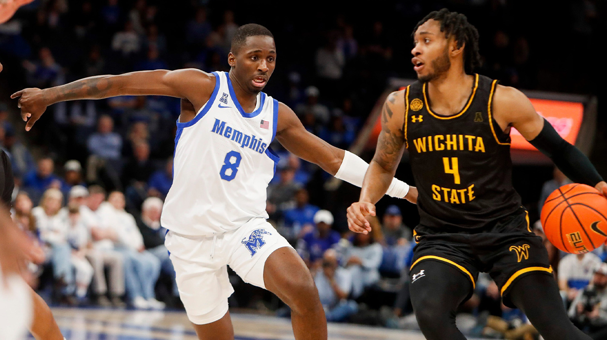 Memphis' David Jones (8) guards Wichita State's Colby Rogers (4) during the game between Wichita State and University of Memphis at FedExForum in Memphis, Tenn., on Saturday, February 3, 2024.