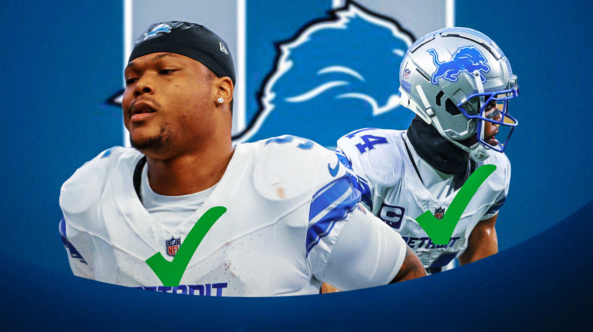 Lions' David Montgomery & Amon-Ra St Brown with big green checkmarks over their chests