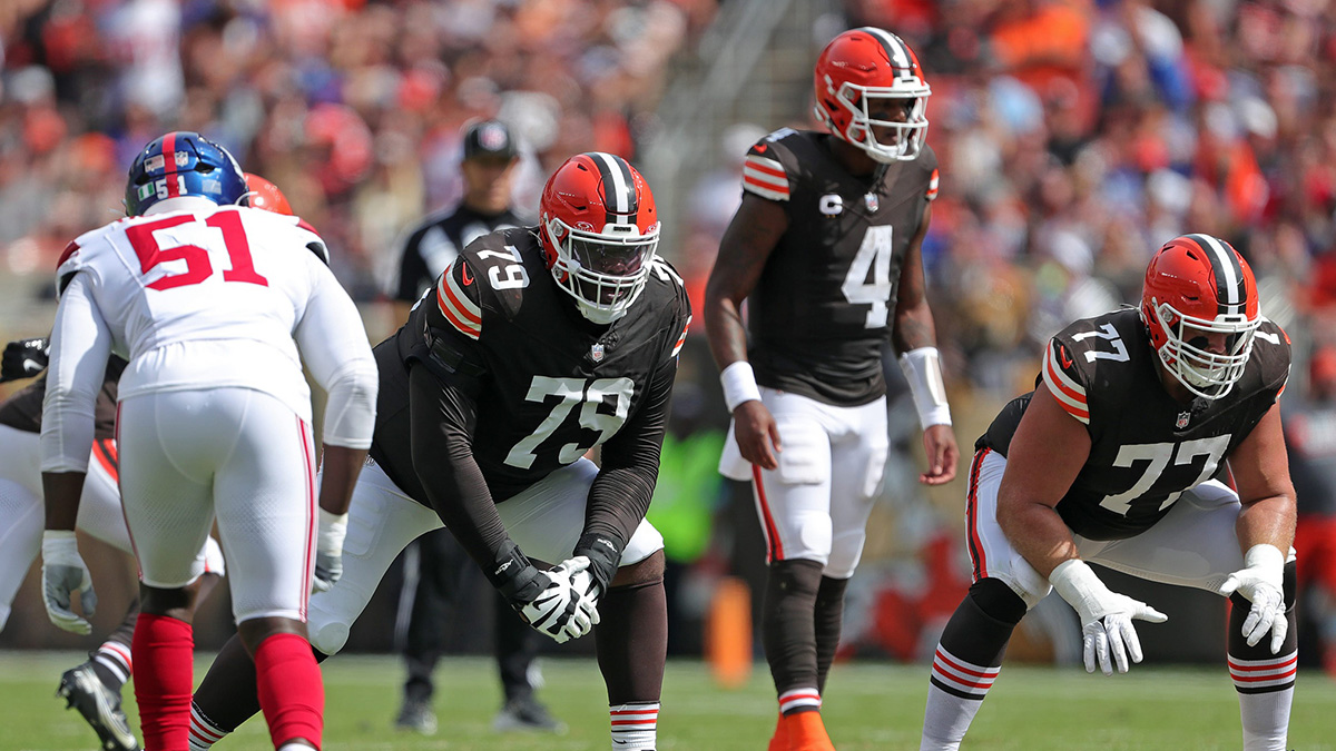 Cleveland Browns offensive tackle Dawand Jones (79) and guard Wyatt Teller (77) wait for the snap during the first half against the New York Giants on Sunday, Sept. 22, 2024, in Cleveland, Ohio.