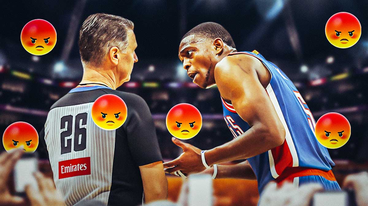 De’Aaron Fox with angry emojis surrounding him, and a picture of NBA referees next to him, and a background of the Sacramento Kings home arena