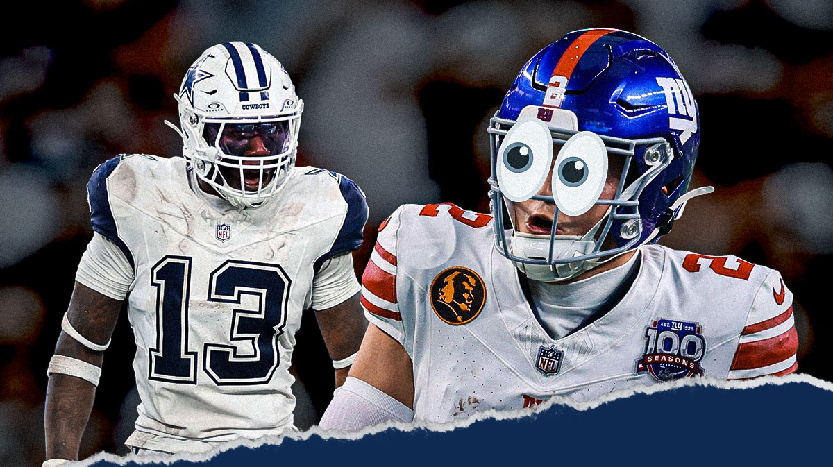 Drew Lock in a New York Giants uniform with huge cartoon eyes looking at DeMarvion Overshown in a Dallas Cowboys uniform as Overshown picked off Lock and returned the INT for a touchdown on thanksgiving agianst the giants.