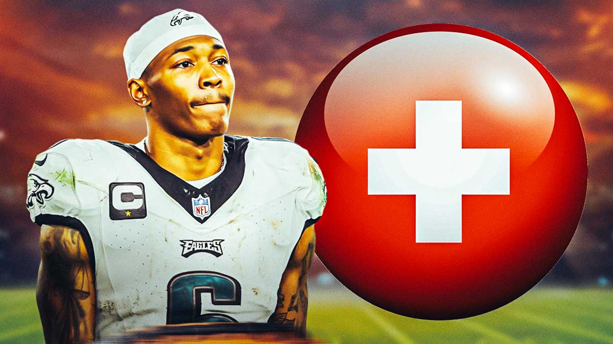 DeVonta Smith in Eagles jersey with medical symbol.