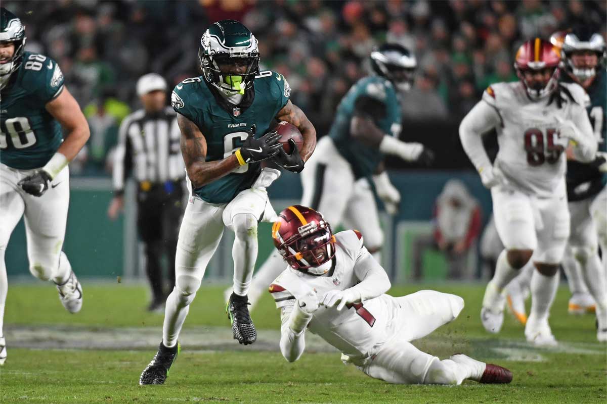 Nov 14, 2024; Philadelphia, Pennsylvania, USA; Philadelphia Eagles wide receiver DeVonta Smith (6) picks up yards after catch against the Washington Commanders during the second quarter at Lincoln Financial Field.