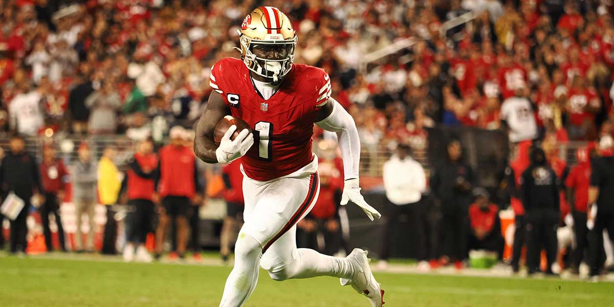 Oct 27, 2024; Santa Clara, California, USA; San Francisco 49ers wide receiver Deebo Samuel Sr (1) carries the ball against the Dallas Cowboys during the third quarter at Levi's Stadium.