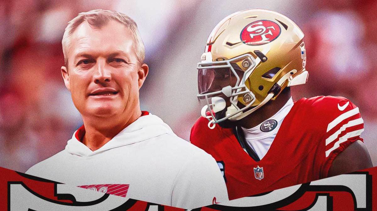 Deebo Samuel next to 49ers logo and John Lynch.