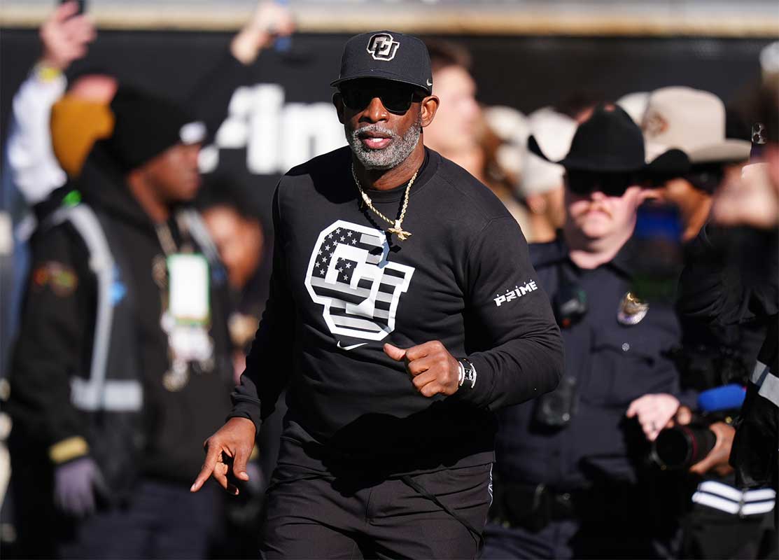 Colorado Buffaloes head coach Deion Sanders looks on before the game against the Utah Utes at Folsom Field.