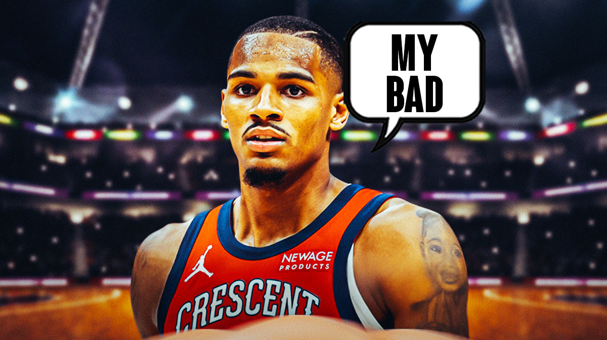 Pelicans' Dejounte Murray looking frustrated, with speech bubble: "MY BAD"