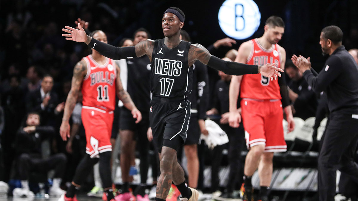 Brooklyn Nets guard Dennis Schroder (17) celebrates after making a three point shot in the third quarter against the Chicago Bulls at Barclays Center. 