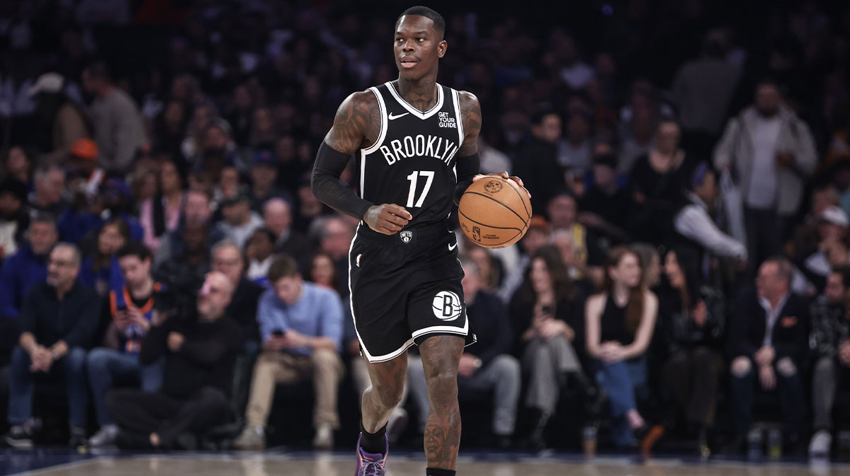 Brooklyn Nets guard Dennis Schroder (17) brings the ball up in the first quarter against the New York Knicks at Madison Square Garden.