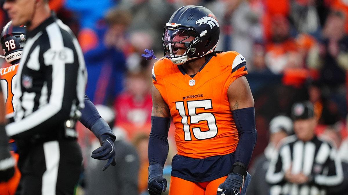 Denver Broncos linebacker Nik Bonitto (15) celebrates his sack in the second half against the Atlanta Falcons at Empower Field at Mile High.