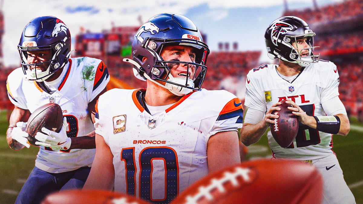 Bo Nix, Marvin Mims, and Kirk Cousins in front of the Broncos stadium