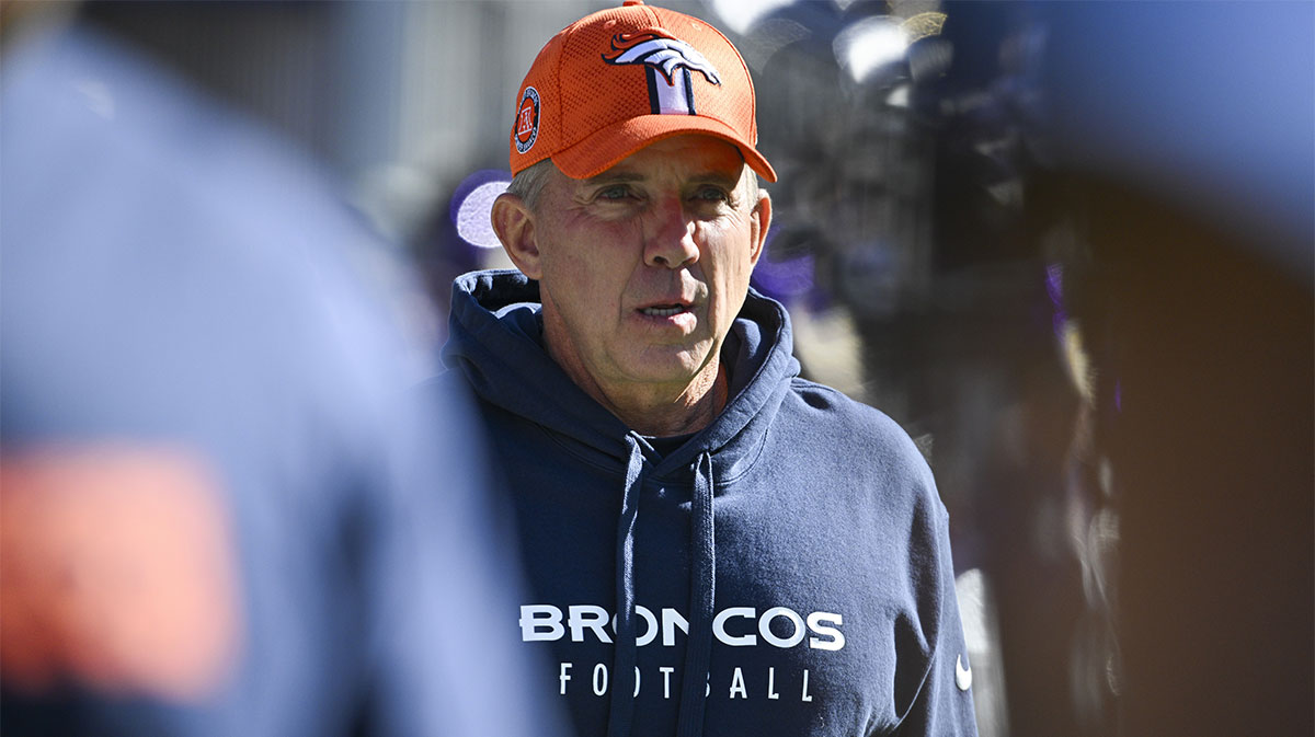 Denver Broncos head coach Sean Payton walks onto the the field during the first half against the Baltimore Ravens at M&T Bank Stadium.