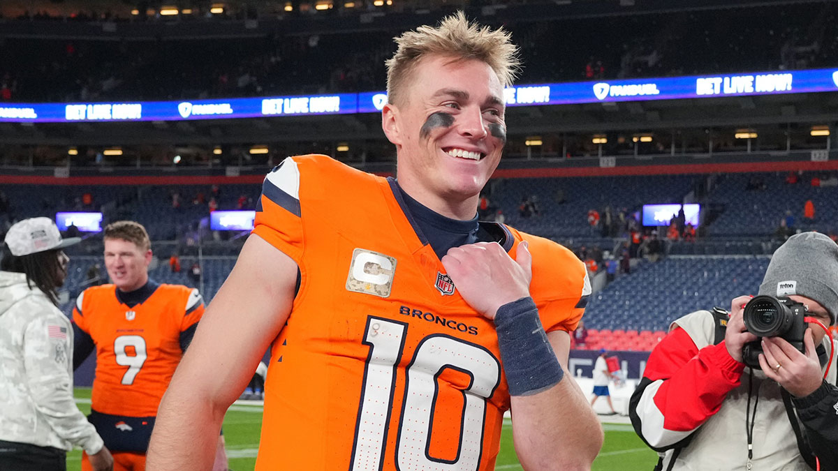 Denver Broncos quarterback Bo Nix (10) reacts following the win over the Atlanta Falcons at Empower Field at Mile High.