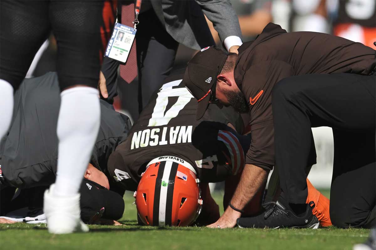 Cleveland Browns quarterback Deshaun Watson (4) lies on the ground after being injured during the first half against the Cincinnati Bengals at Huntington Bank Field.