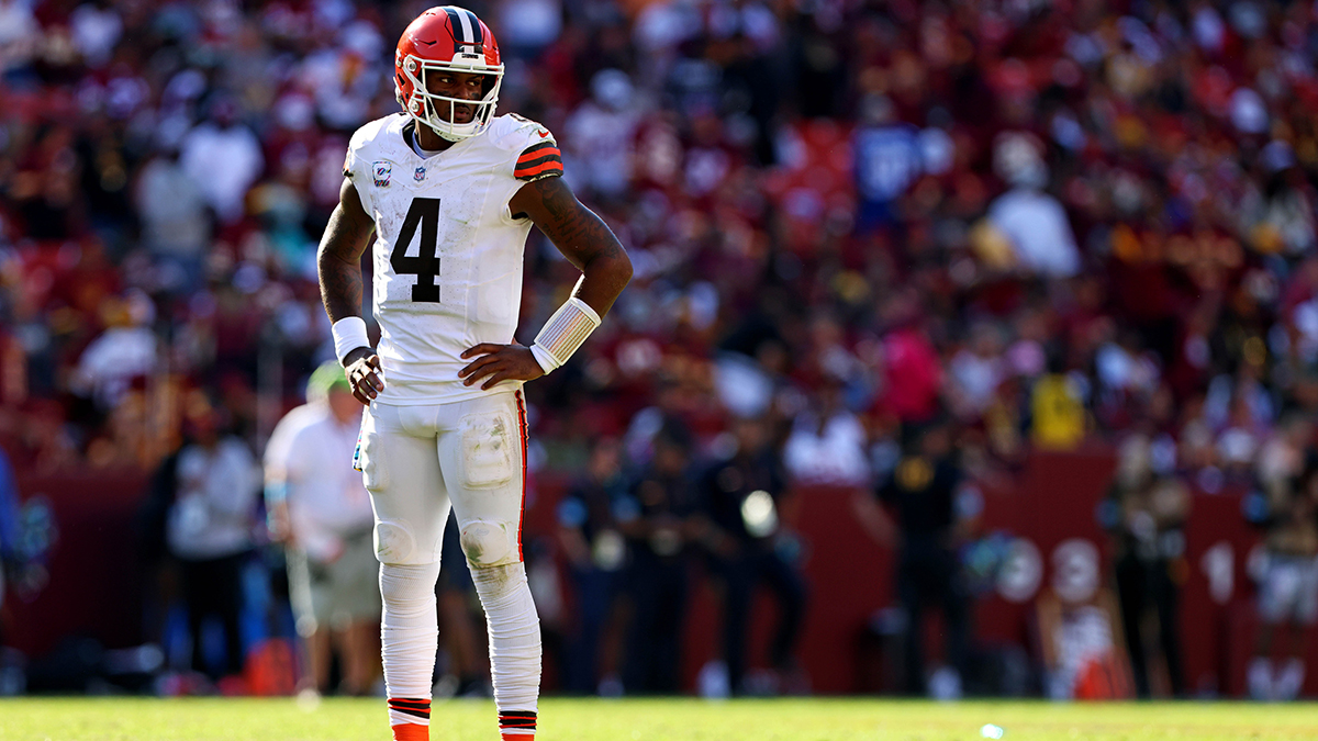 Cleveland Browns quarterback Deshaun Watson (4) waits for a play during the fourth quarter against the Washington Commanders at NorthWest Stadium.