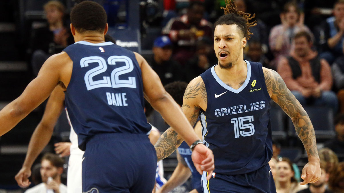 Memphis Grizzlies forward Brandon Clarke (15) reacts with guard Desmond Bane (22) during the first half against the Philadelphia 76ers at FedExForum.