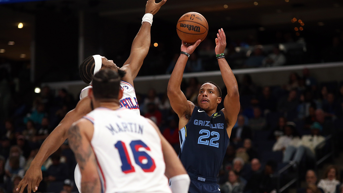 Memphis Grizzlies guard Desmond Bane (22) shoots during the second half against the Philadelphia 76ers at FedExForum.