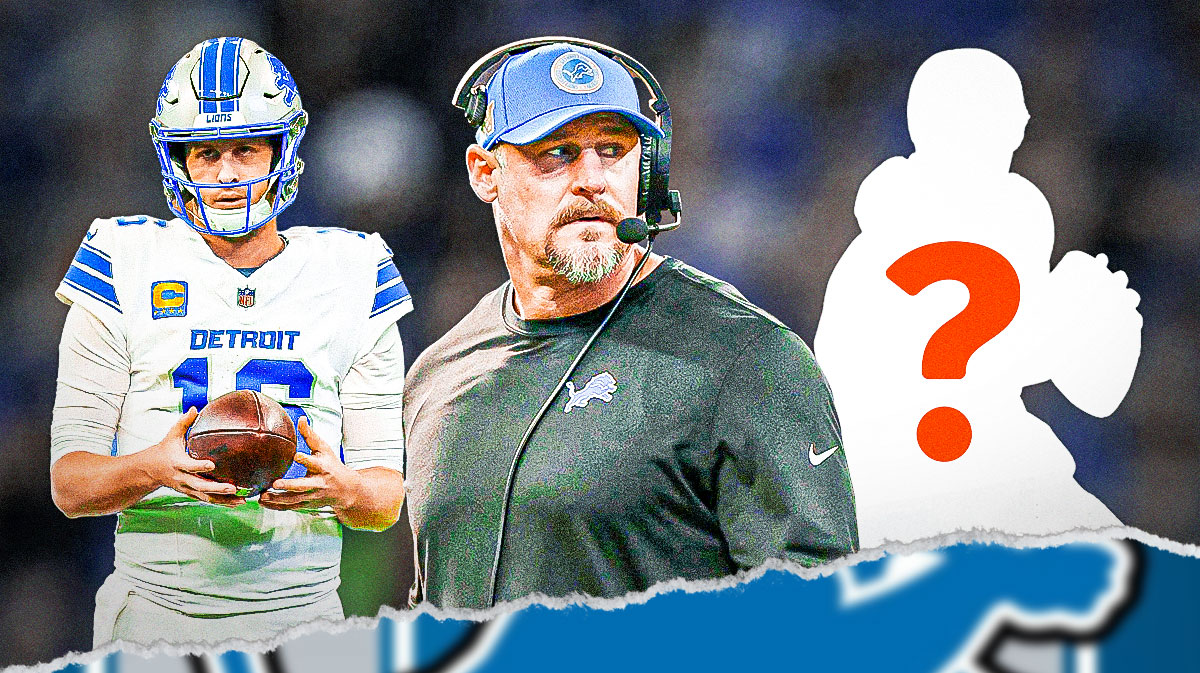 Detroit Lions coach Dan Campbell with QB Jared Goff and a silhouette of an American football player with a big question mark emoji inside. They are surrounded by turkey emojis (🦃). There is also a logo for the Detroit Lions.